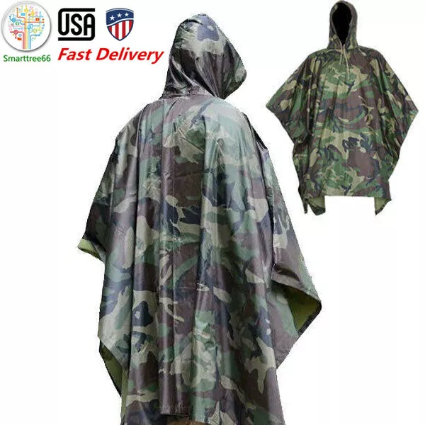 Military Woodland Ripstop Wet Weather Raincoat Poncho Camping Hiking Camo US