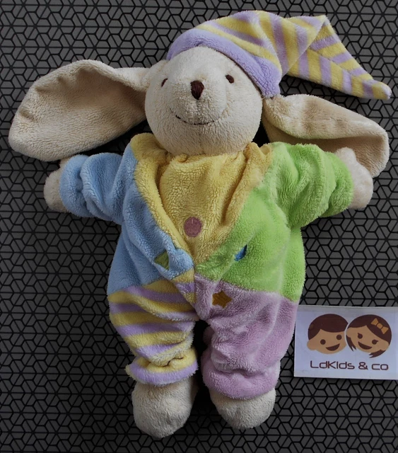 Doudou Peluche CMP LAPIN BONNET BEIGE JAUNE BLEU VERT MAUVE RAYE 25 cm - D1178