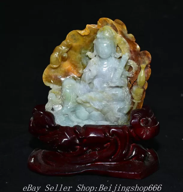7.6" Chinese Natural Emerald Jade jadeite Carved  Free Seat Guan Yin Statue