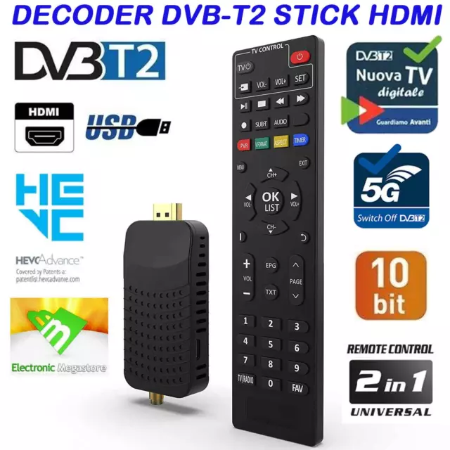 Decoder Ricevitore Digitale Terrestre Full HD Dvb-T2 Hevc H265 HDMI Stick 10bit