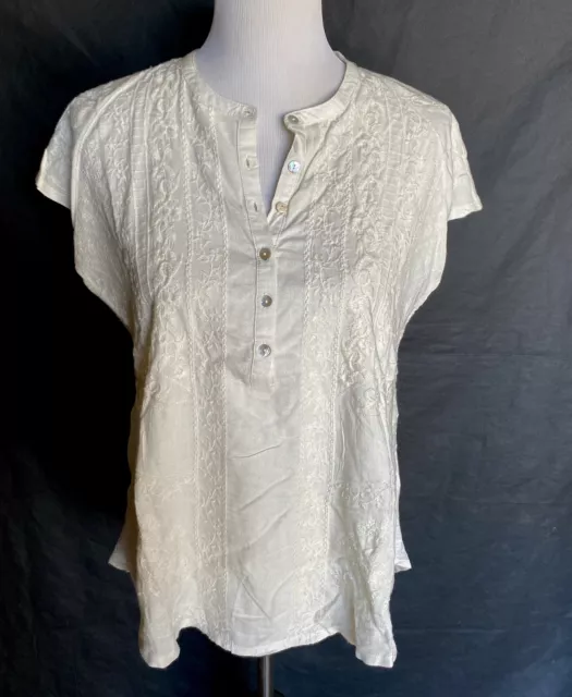 LUCKY BRAND Size M Ivory Embroidered Shell Button Short Sleeve Shirt Blouse $60