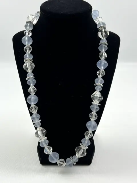 Vintage Beaded Necklace Frosted Blue & Clear Beads 24"