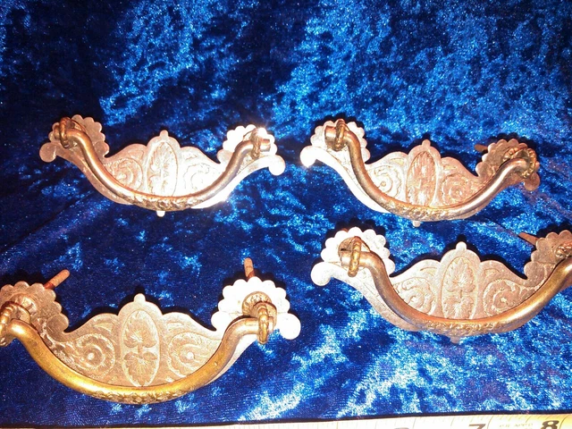 VINTAGE ANTIQUE DRAWER PULLS SOLID NICKEL PLATED BRASS MATCHED (set of 4)