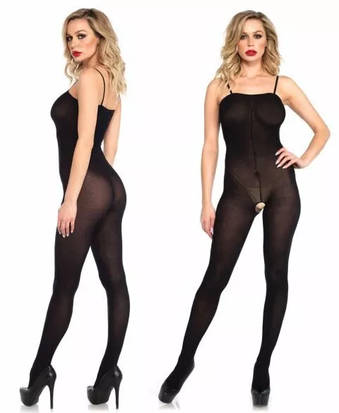 LA-8208 BodyStocking Catsuit Velato Opaco NERO Tuta con Spalline Sottili