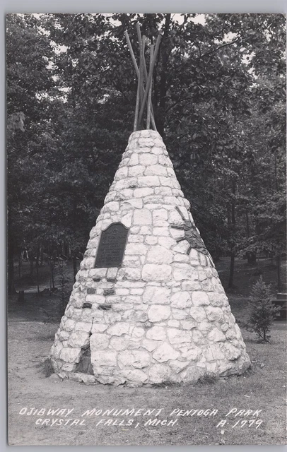 RPPC-Crystal Falls, Mich., Ojibway Monument, Pentoga Park-1949