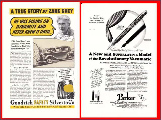 1936 Goodrich Silvertown Tires Zane Grey Parker Speedline Maxima Pen Print Ad