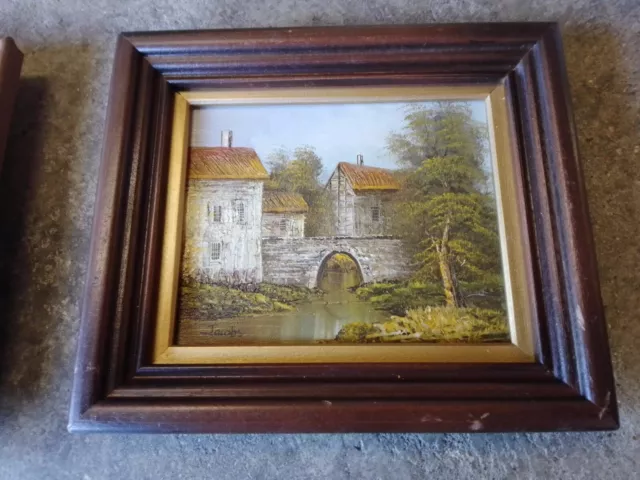 Tableau Ancien Huile Paysage Maison Pont Rivière Marais Encadré + Signé