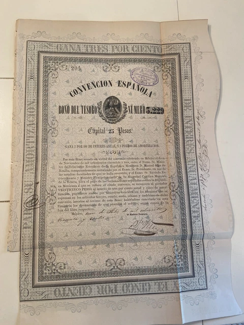 Mexico 1854 Convencion Española 25 Pesos Coupons NOT CANCELLED Bond Loan Share