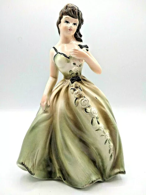 Vtg Figural Planter Girl in Olive Green Prom Dress Cascading Roses W Label Napco