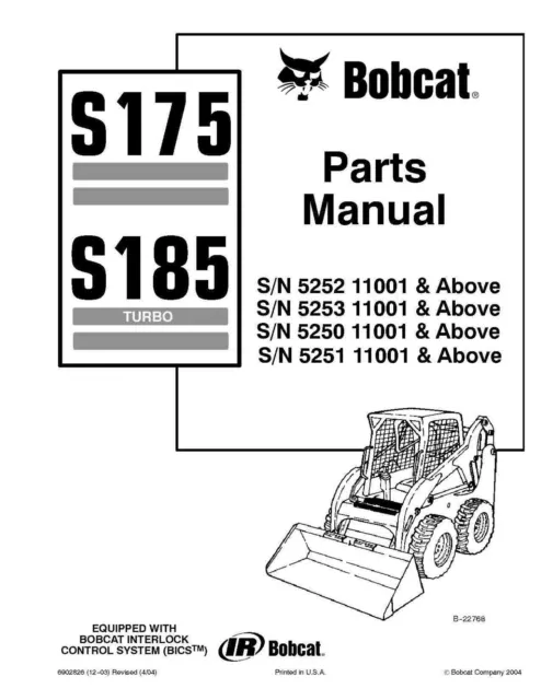 Bobcat S175 S185 Skid Steer Loader  Parts Manual Diagrams List Book 6902826