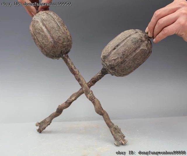 Chinese Handwork Carving Folk Bronze Loong Dragons Hammer Weapon Statue A pair