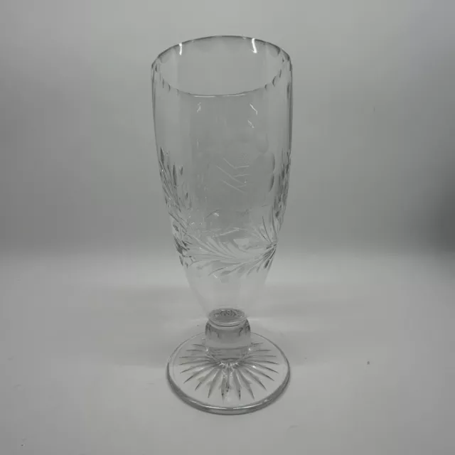 Vintage Glass Etched Flower Pedestal Vase 25cm tall clear crystal