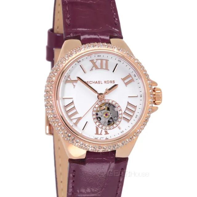 Michael Kors Camille Automatic Womens Watch Glitz Crystals Rose Gold Red Leather
