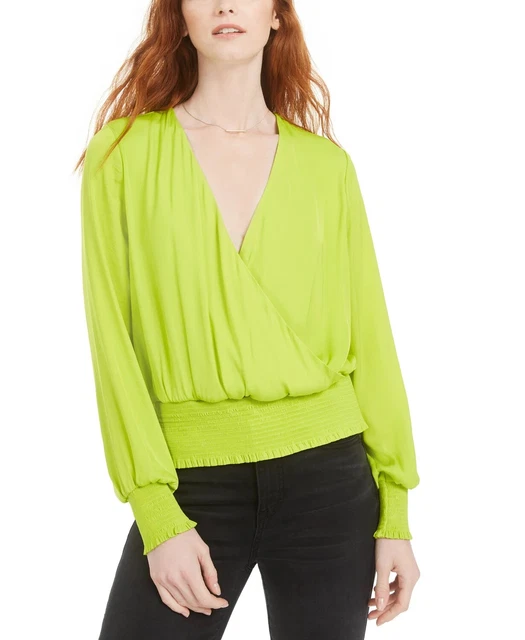 Bar III Women's Smocked Surplice Top Green Size Small