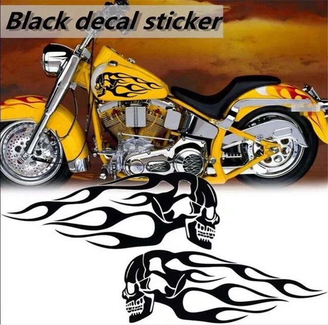 Skull Head Flame Vinyl Decal Stickers Motorcycle Gas Tank Badge Black 13.5"x5"