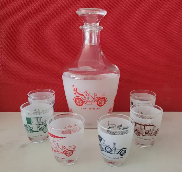 Vintage Oldtimer Likör Schnaps Set Service Dekanter + 6 Gläser Frankreich SCHÖN!