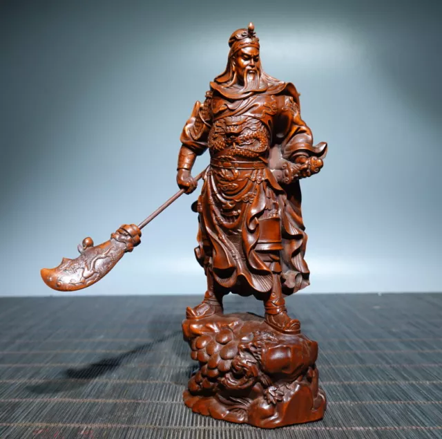 Vintage Chinese Boxwood Carved Guan Yu Figure Statue Wooden Sculpture Home Decor