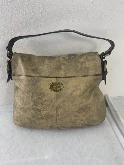 FOSSIL EXPLORER Large Bronze Metallic Distressed Leather Foldover Tote Bag