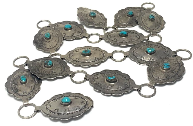 VTG Native American Sterling Silver Hand Made Hand Stamped Turquoise Concho Belt VTG Native American Sterling Silver Hand Made Hand Stamped Turquoise Concho Belt