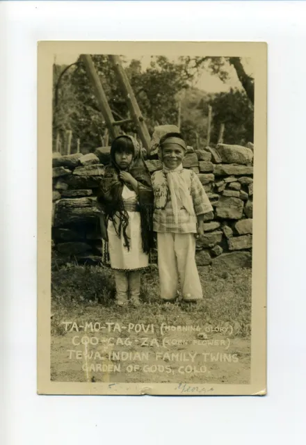 Garden of Gods Colorado 1950 RPPC photo postcard, Tewa Indian Family Twins