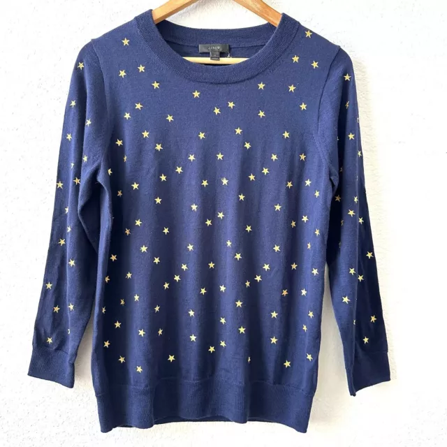 J.Crew Blue & Gold Wool Tippi Sweater In Embroidered Stars Medium