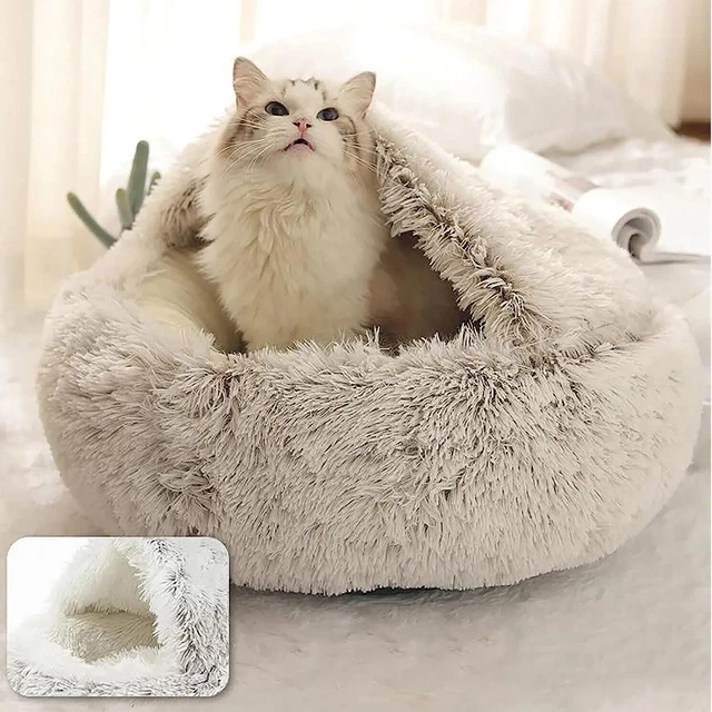 Cat Bed Cave Round Plush Fluffy Hooded Cat Bed Donut Self Warming Pet Dog Bed