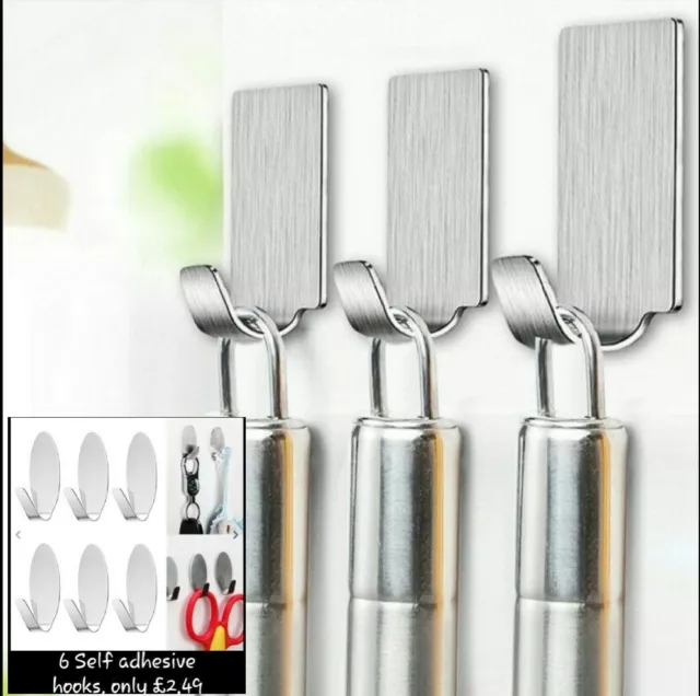 6 x Self Adhesive Hooks Stainless Steel Strong Silver Sticky Stick on Wall hook