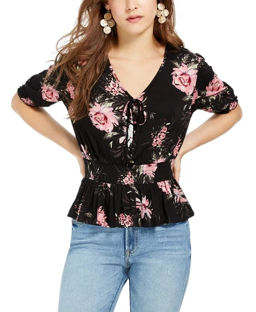 American Rag Juniors' Printed Smocked-Waist Peplum Top Black Size X-Small
