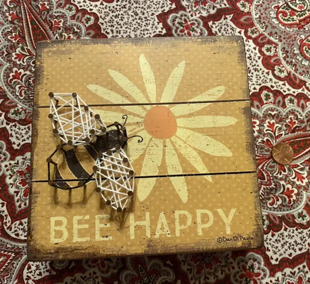 BEE HAPPY WOOD BOX Square SIGN *PRIMITIVES BY KATHY Rustic Slat String Art 6"