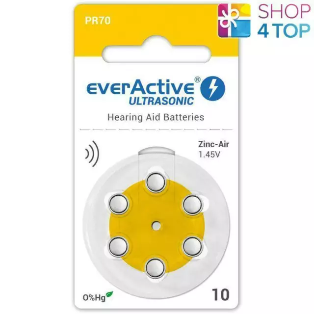 6 Everactive Ultrasonic Size 10 Pr70 Hearing Aid Batteries 1.45V Zinc Air New