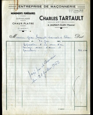 33 Ets MACONNERIE "Bruno ZANOTTO Artisan Maçon" Facture en 1960 GUJAN-MESTRAS 