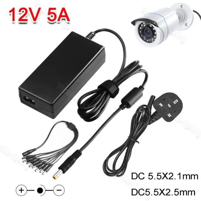 12V 5A Adapter Power Supply Charger LED Strip CCTV Camera +8 Ways Splitter Cable