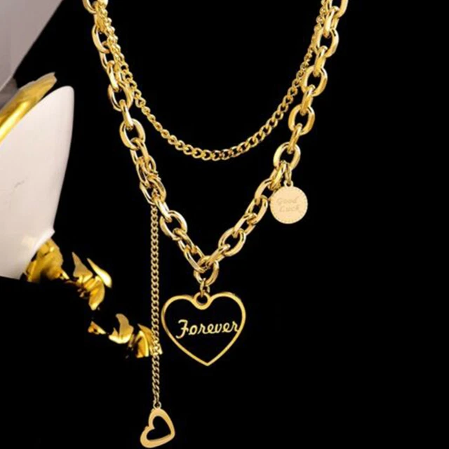 Woman Gold Plated Stainless Steel 2 Layers Enamel Heart Charm Chain Necklace