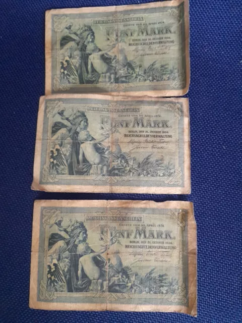 3 Stück Banknoten Reichskassenschein 5 Mark R.schuldenverwaltung 31.Oktober 1904