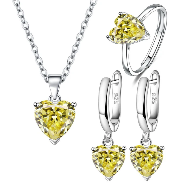 Women 925 sterling Silver earrings necklace ring yellow heart zircon jewelry set