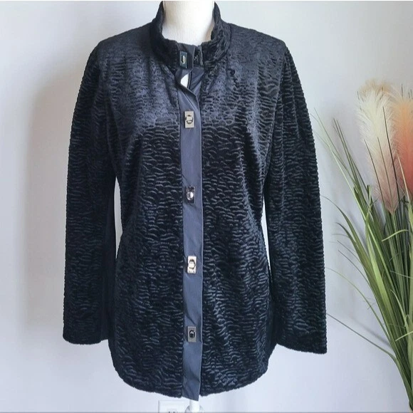 CAbi, Carol Anderson Black Turn Key Full Zip Velvet Jacket Coat, Medium