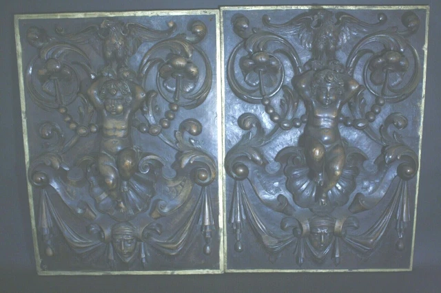 19thc Folk Art Carved Wood Panel Nude Boy Cherub Eagle East Lake Mask Scroll