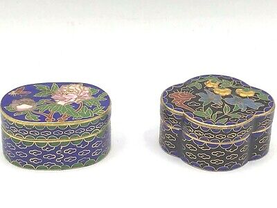 Vtg lot of 2 Striking Enamel lined and decorated Brass pill boxes Floral