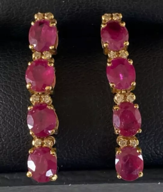 Very Nice Pair Of 9Ct Gold Ruby Diamond Earrings Dangle Drop Stud