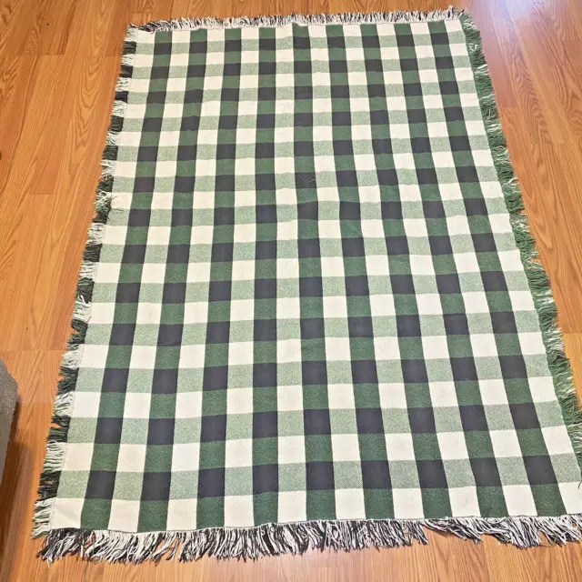 Green & White Buffalo Plaid Woven Throw Blanket 66x46 With Fringe Double Sided