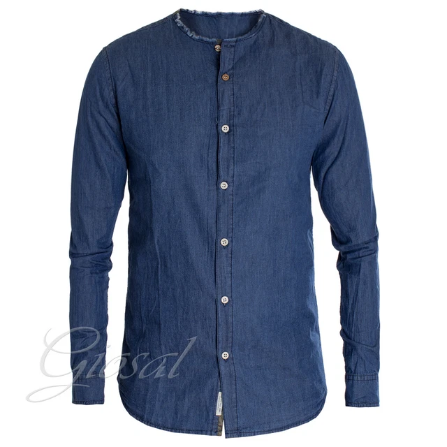 CAMICIA UOMO JEANS Denim Collo Coreano Sfrangiato Primaverile