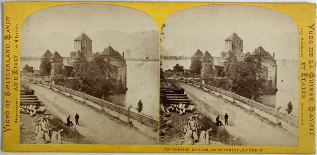 Suisse, Château de Chillon et Lac de Genève, vintage print, ca.1870, Stéréo Tira