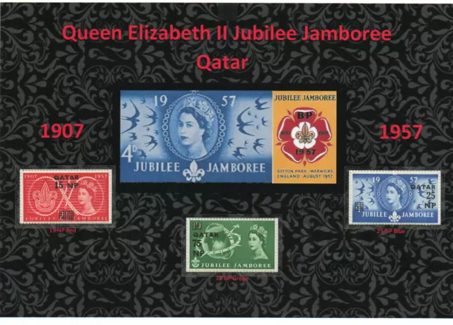 Qeii Nice Display Of 1957 Jubilee Jamboree Scouts Set Qatar Mint Mnh