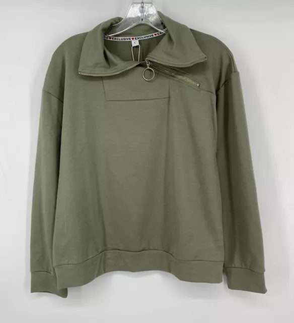 Exclusive Olive Green Zip Neck Accent Pullover Sweatshirt Juniors Size Large NWT