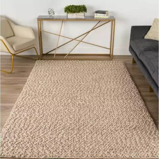 Hand Made Contemporary Modern Braided Wool Area Rug in Solid Beige