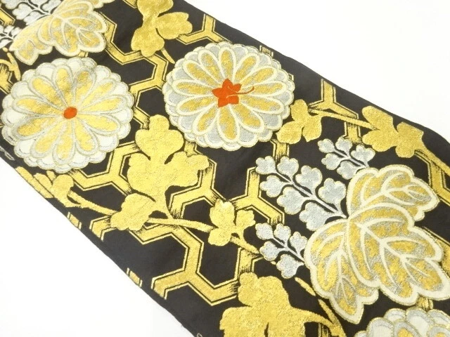 6871731: Japanese Kimono / Antique Fukuro Obi / Woven Kiku & Paulownia