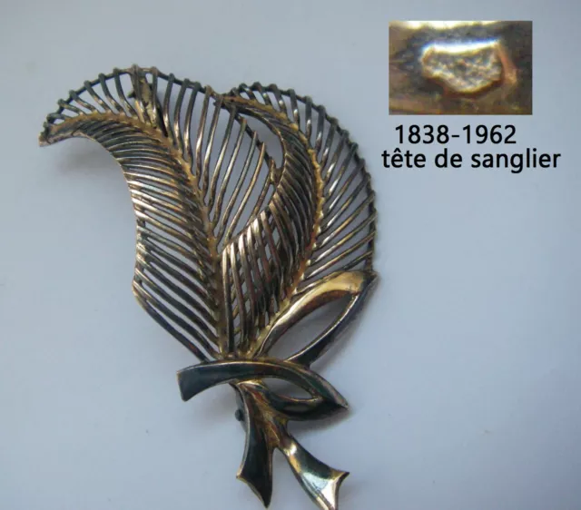ancienne broche PLUMES FILIGRANE 5gr ART déco EN VERMEIL N°327 argent plaqué or
