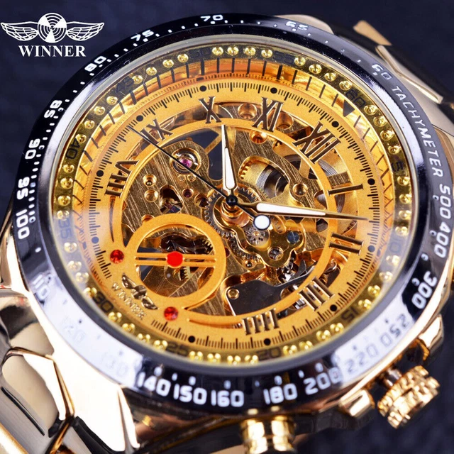 WINNER Luxury Gold Mens Wrist Watch Steel Skeleton Automatic Mechanical Watches