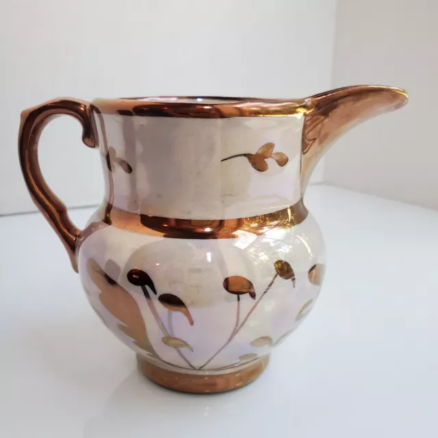 Vtg Cumbow Pitcher Creamer 4 in Lusterware Copper Overlay Hand Painted Signed