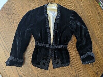 Vtg 30s 40s black velvet blazer sz S coat lace accents victorian satin lined